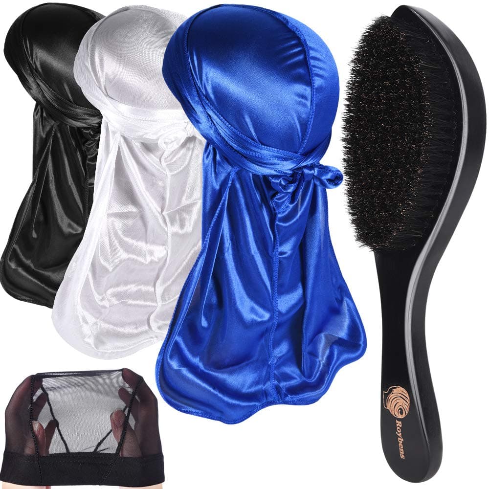 3pcs Silky Durags & 360 Wave Brush Kits for Men, Curved Medium/Hard Hair Brush Kits, Extra 1 Wave Cap, C