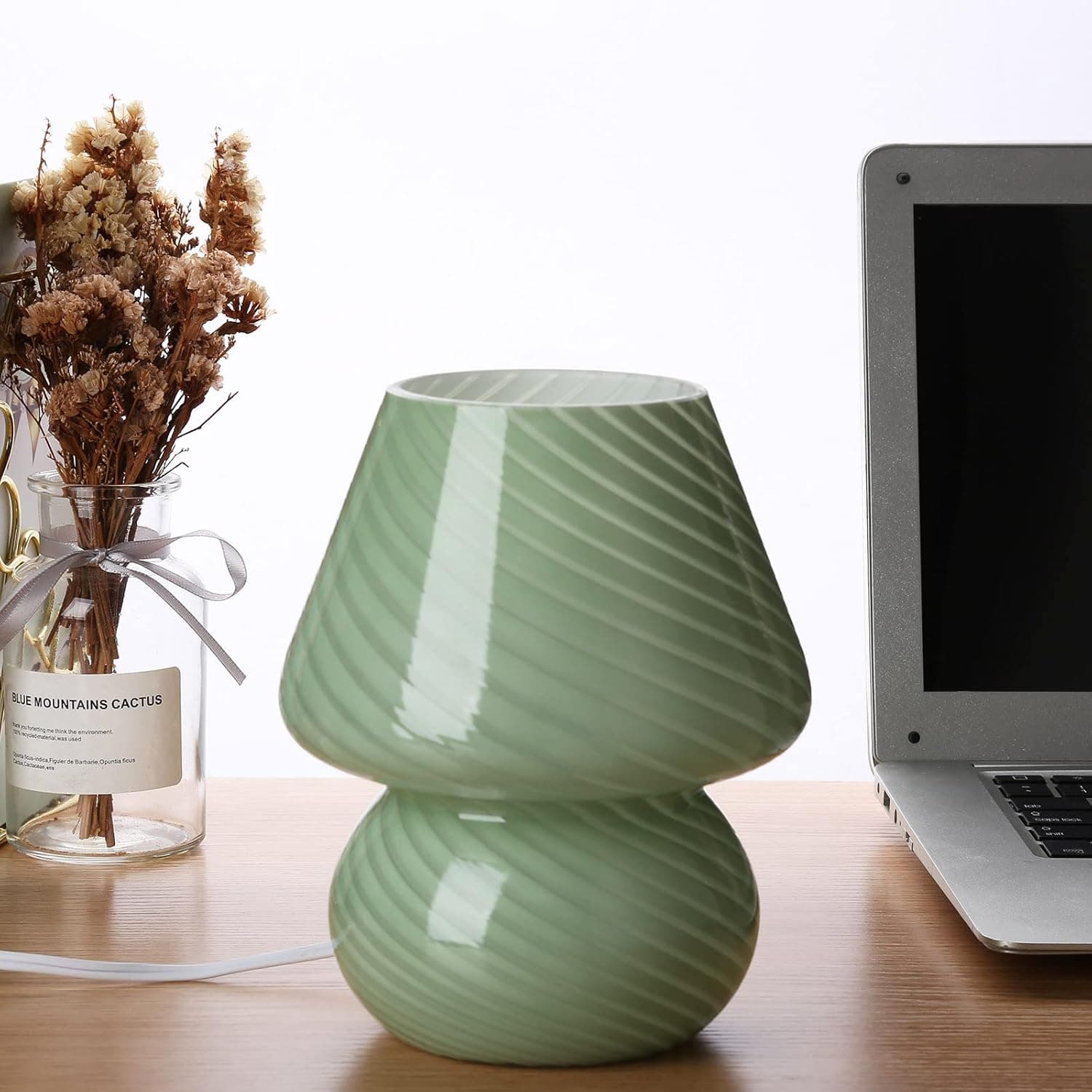 BSOD Mushroom Lamp,Glass Mushroom Bedside Table Night Lamps Translucent Murano Vintage Style Striped Small Nightstand Desklamp Swirl Light for Home Decor, Dining, Living, Bedroom, Gift (Stripe Green)