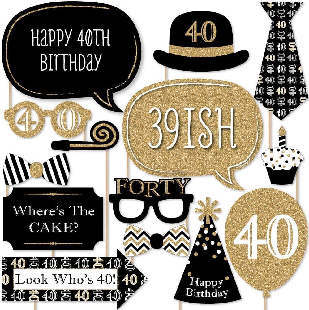 Adult 40th Birthday - Gold - Birthday Party Photo Booth Props Kit - 20 Count