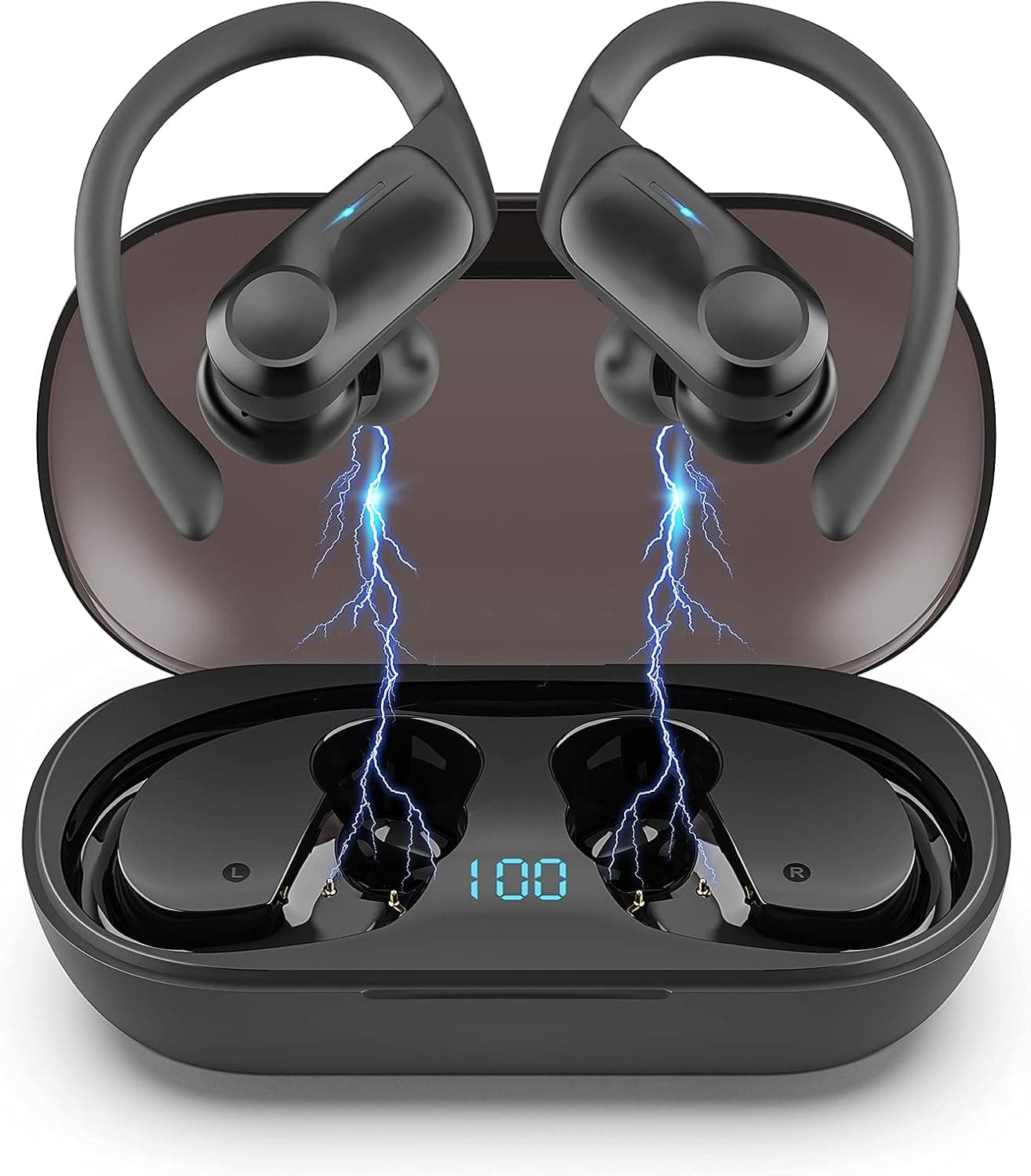 Hadisala Sports Wireless Earbuds, Bluetooth 5.1 Ear-Hooks Headphones with Mic Deep Bass, IPX7 Waterproof Noise Reduction LED Display in Ear Earphone, 50H Playtime with Charging Case for Gym Running