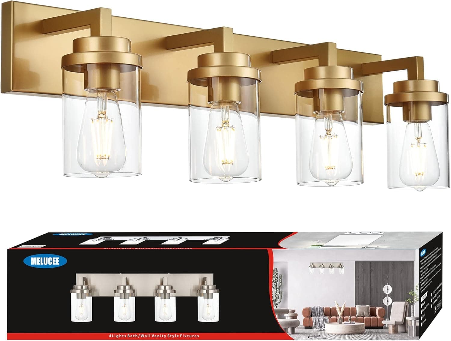 MELUCEE 31 Inches Bathroom Light Fixtures, Gold Vanity Lights for Bathroom 4 Lights Wall Mount Lamp with Clear Glass Shade for Vanity Table/Over Sink/Kitchen/Living Room