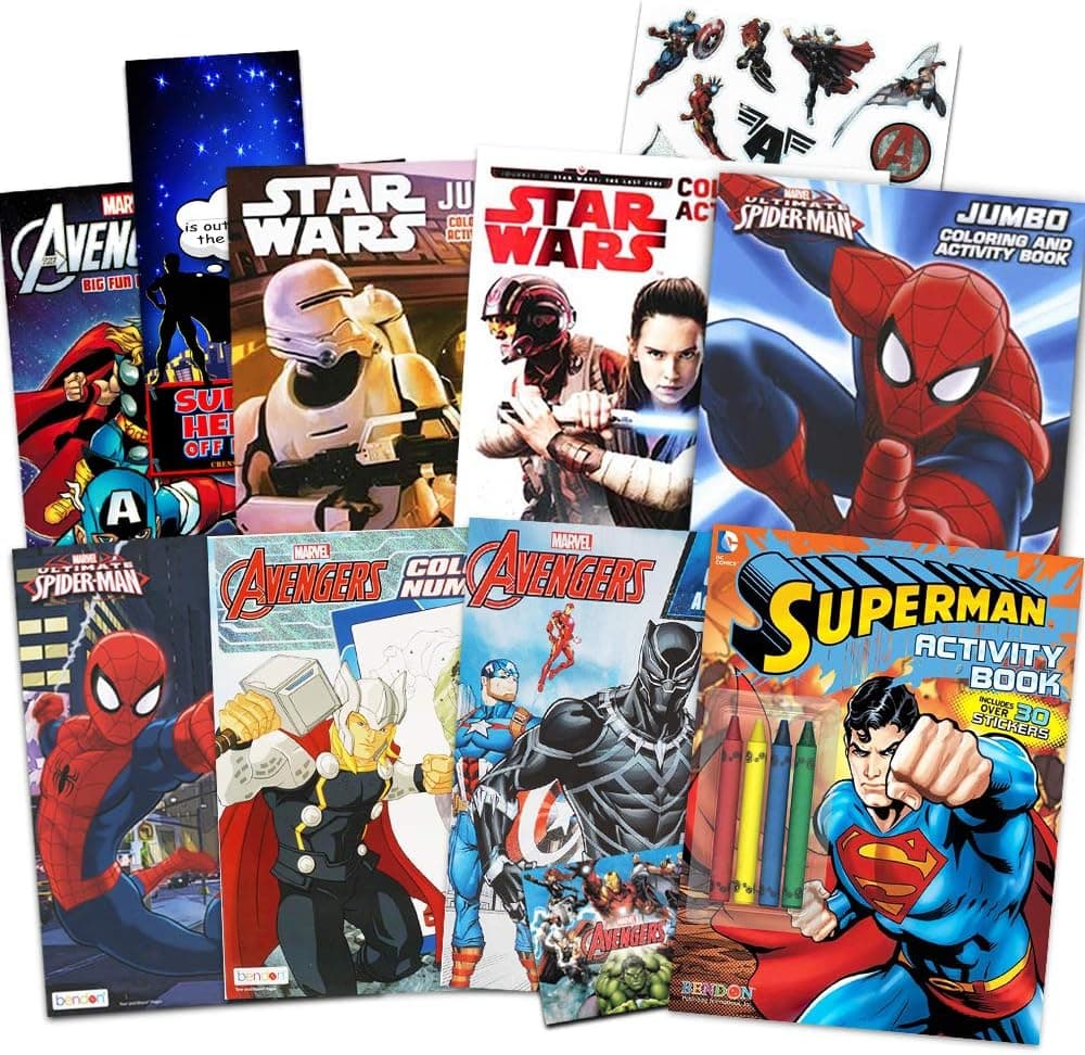 Disney Coloring Books for Kids Toddlers Bulk Set ~ Bundle Includes 8 Star Wars and Avengers Books, Sticker Pack, and Superhero Door Hanger (Superhero Party Supplies)