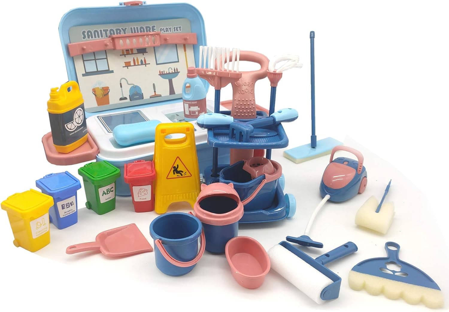 2CFUN Toddler Toy Kids Cleaning Pretend Play Set - Toddler Housekeeping Cart Kitchen Toy Including Broom, Mop, Brush, Dust Pan, Duster, Trash Can, Cart Birthday Gift for Toddler Boys and Girls