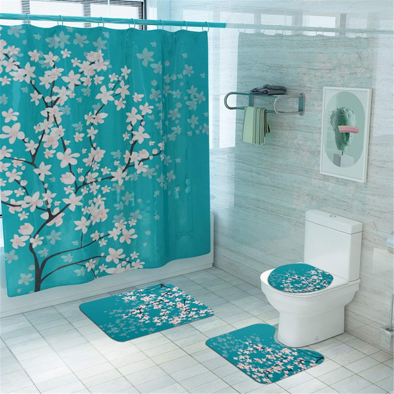 Taeamjone Cherry Blossom Shower Curtain Sets with Non-Slip Rugs, Toilet Lid Cover and Bath Mat, Spring Sakura Flower Shower Curtain with 12 Hooks, Blue Waterproof Durable Bath Curtain…