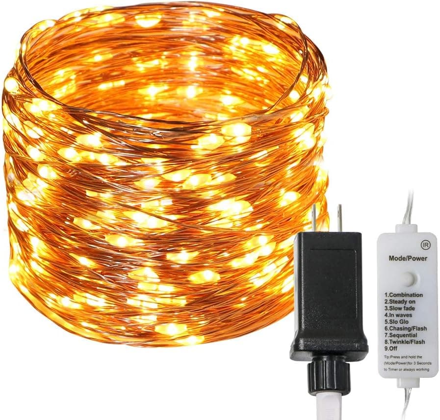 koopower 200 Micro LEDs Fairy Lights w/ Timer on 66ft Waterproof Copper String + 6ft Power Cord, 31V Low Voltage Plug for Bedroom, 8 Modes Controlled via Button or Remote, Dimmable, Warm White