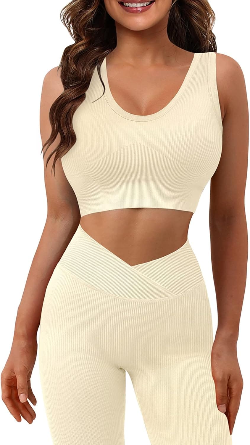 JZC 2 Piece Workout Sets for Women Stretchy Exercise Outfits 2 Pieces Yoga Sports Bra GMY Activewear Beige Medium