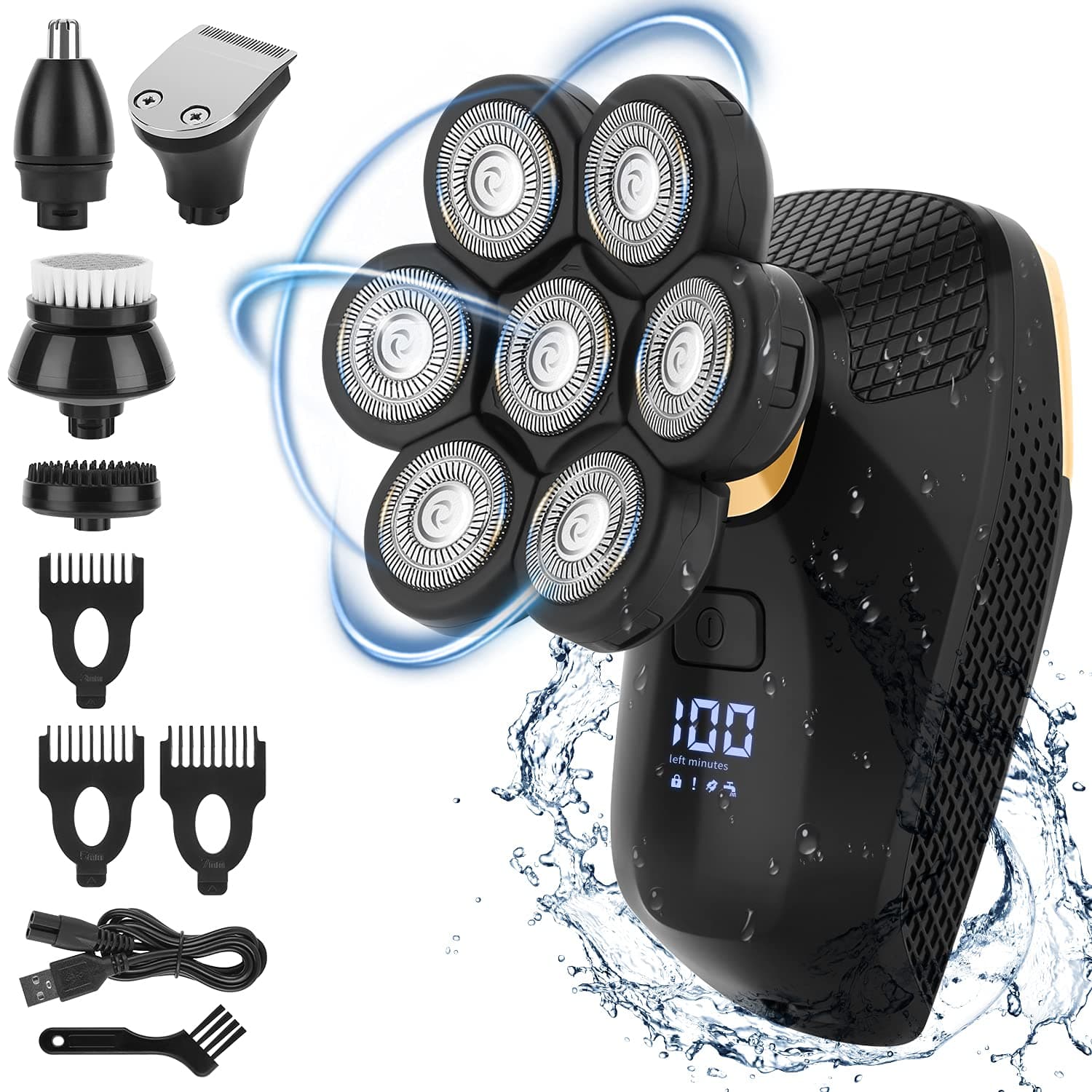 Head Shavers for Bald Men, 5 in 1 Waterproof Electric Razor with Sideburn Face Nose Hair Trimmer, Wet Dry Shaving Cordless Rechargeable Men’s Rotary Shavers, Anti-Pinch, LED Display, Black