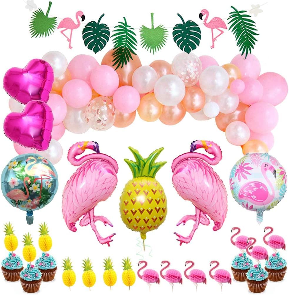 Pink Flamingo Hawaiian Party Balloons Tropical Arch Garland Kit Luau Jungle Party Supplies Palm Leaves Strip Confetti Latex Balloon for Luau Jungle Decoration