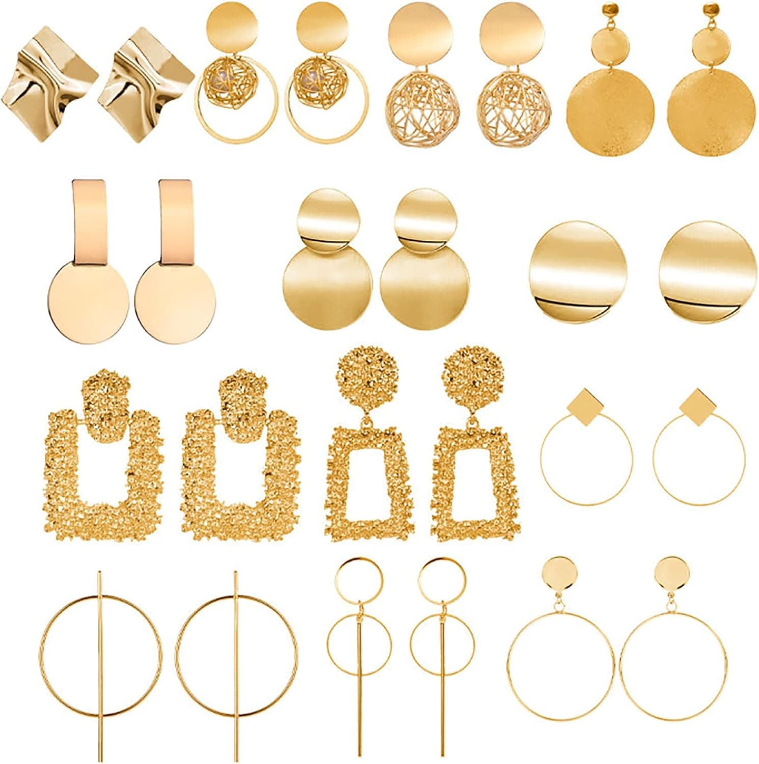 ABOJOY 8-15 Pairs Gold Statement Drop Dangle Earrings Metal Fashion Big Geometric Earrings Large Square Raised Design Earrings For Women (Black Golden)