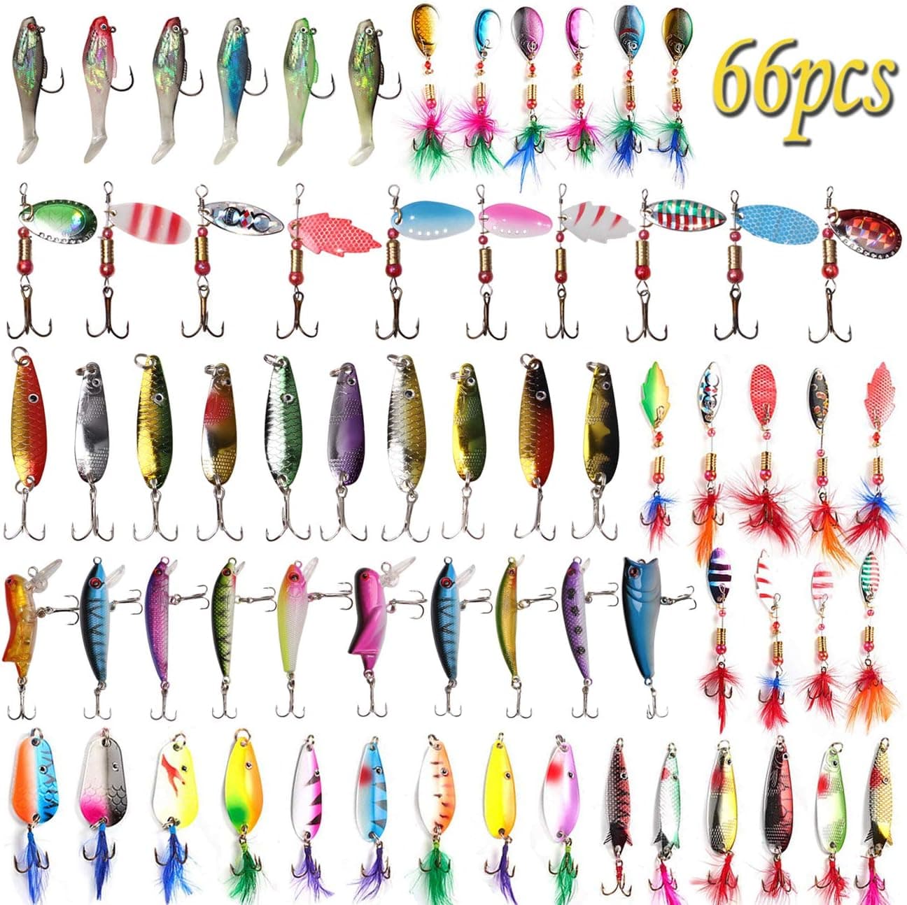 66pcs Fishing Lures Kit - Hard Metal Spinner Baits Spoon Lures Crankbaits Minnow Popper Swimbait Feather Tail Spinners Various Fishing Lures Assortment Set for Bass Trout Salmon Walleye