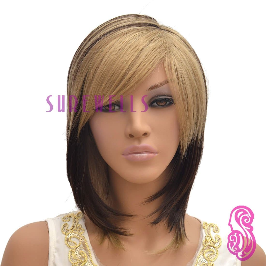 SureWells Sexy Charming Medium Women Wigs Golden and Blonde Wigs Full Wigs