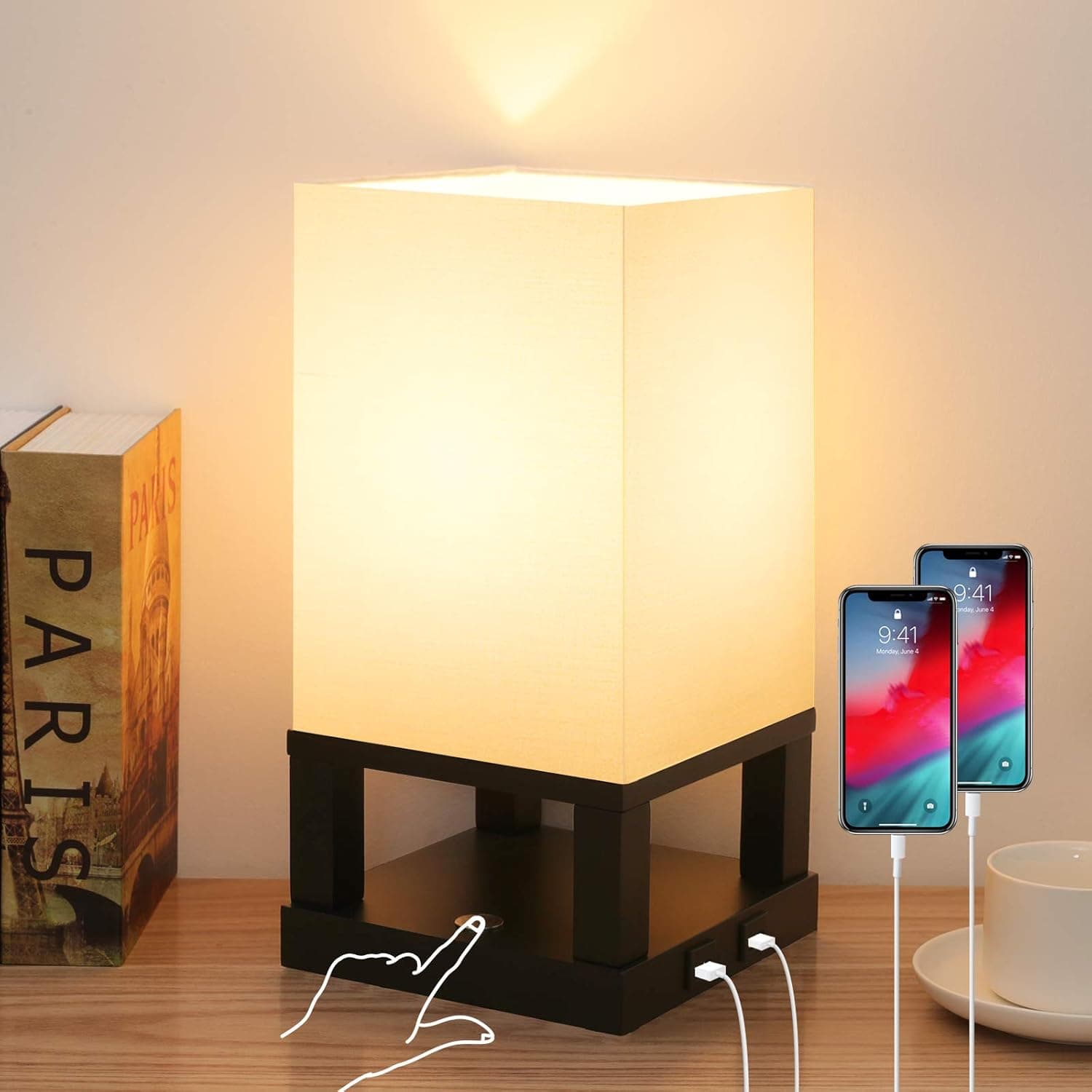 Zorykn 3-Way Dimmable Touch Control Table Lamp with USB Ports, White TC Fabric Shade and Wooden Base, Modern Minimalist Style, Decorative Side Table Lamp for Bedroom, Study Room, LED Bulb Included