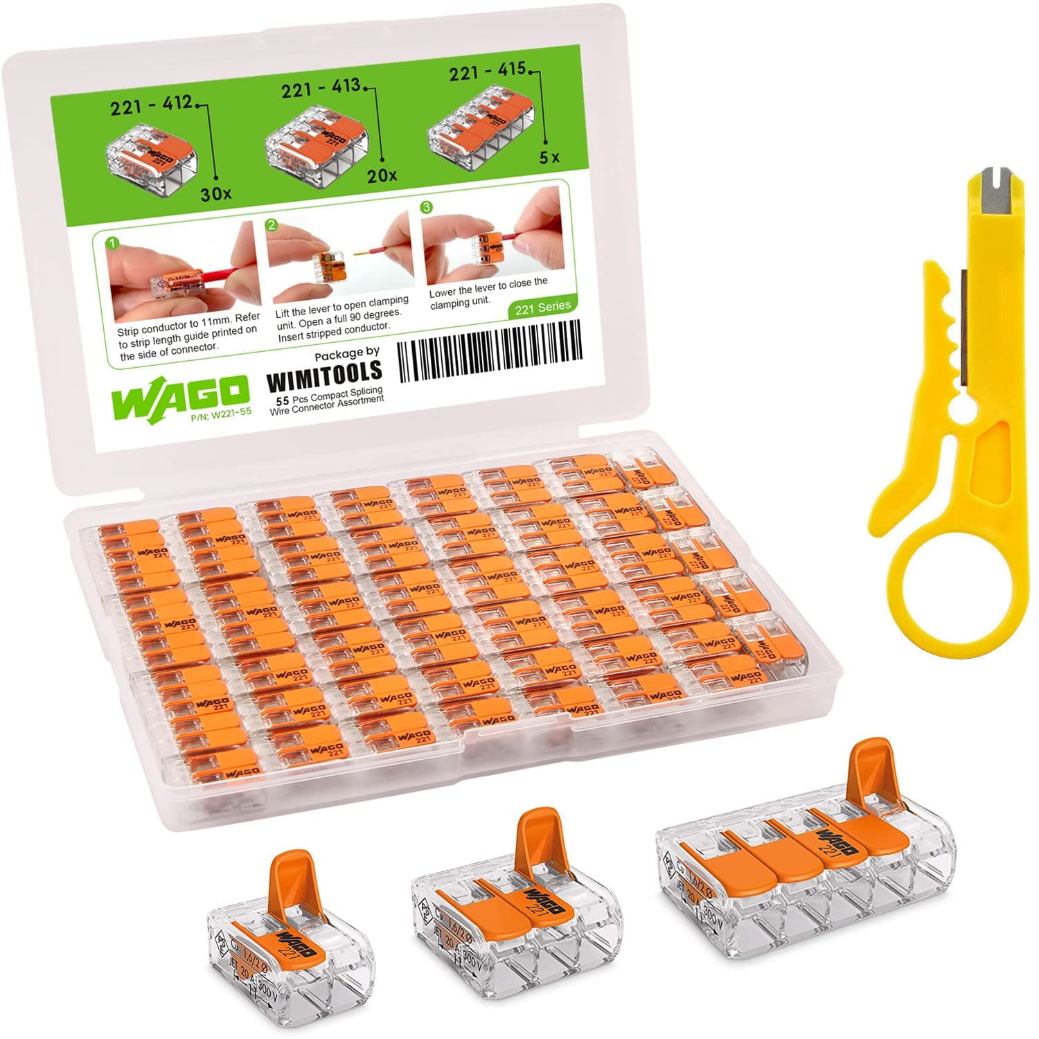 WAGO Wire Connectors 221 Series, 55pcs Electrical Lever Nuts Assortment Pack for All Wire 12-24 AWG. Includes 2 Port 412 (x30), 3 Port 413 (x20), 5 Port 415 (x5) Quick Splice Wire Connectors