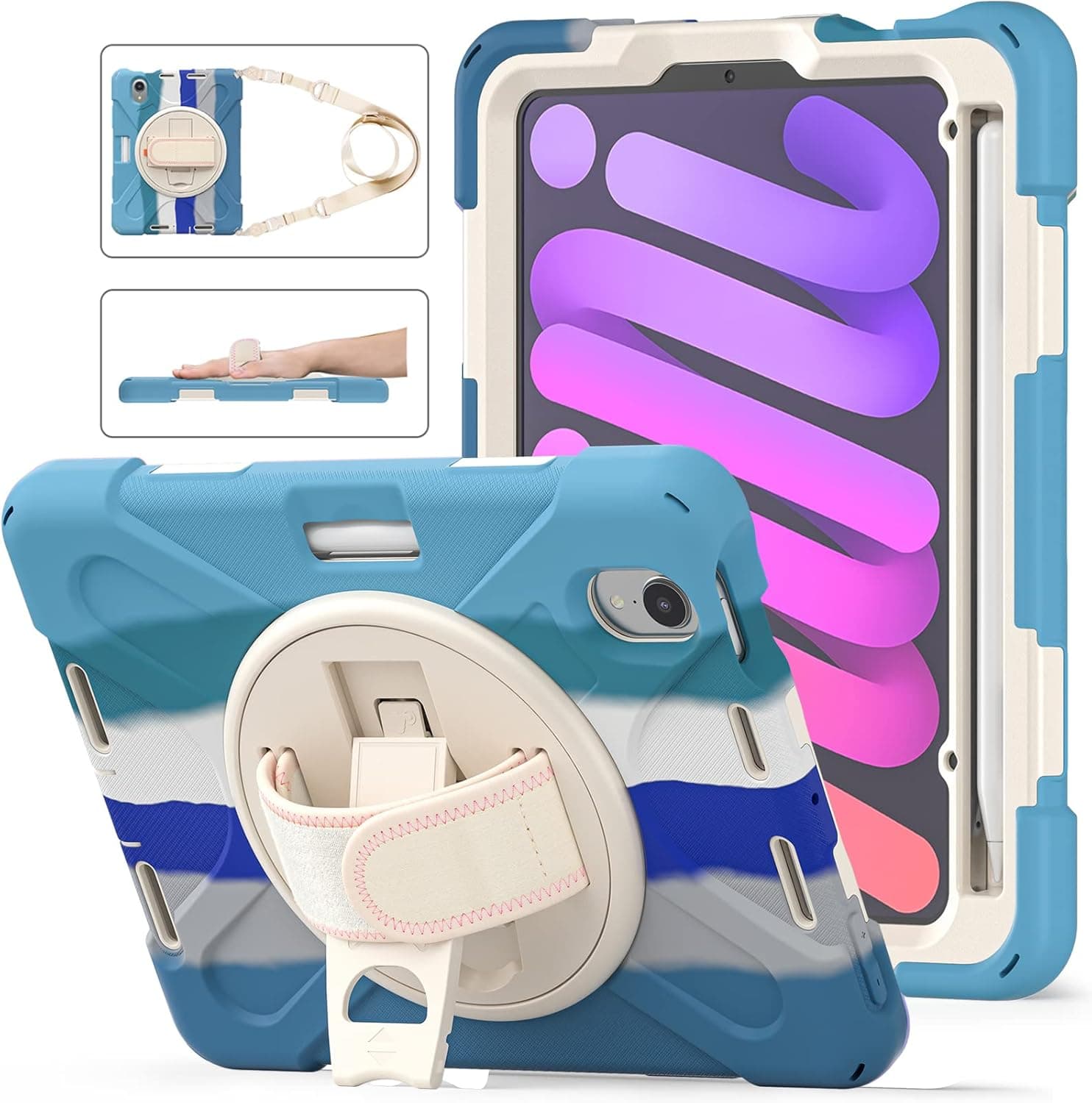 SIBEITU iPad Mini Case 6th Generation for Kids Boys | iPad Mini 6 Case 2021 8.3'' with Pencil Holder | Hard Durable Lifeproof iPad Mini 6 Cover W/Hand&Shoulder Strap Stand for School Rainbow Blue