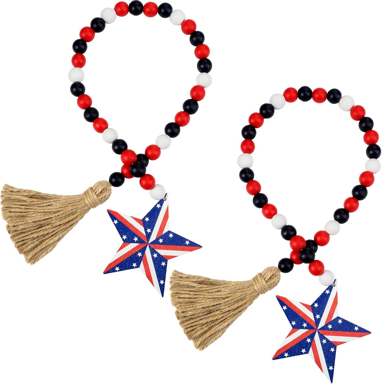 Jetec 2 Pieces Patriotic Wood Bead Garlands with Tassels Farmhouse Rustic Wood Bead Garland with Independence Day Sign for 4th of July Memorial Day Tiered Tray Boho Bead Garland Decor (Cute Style)