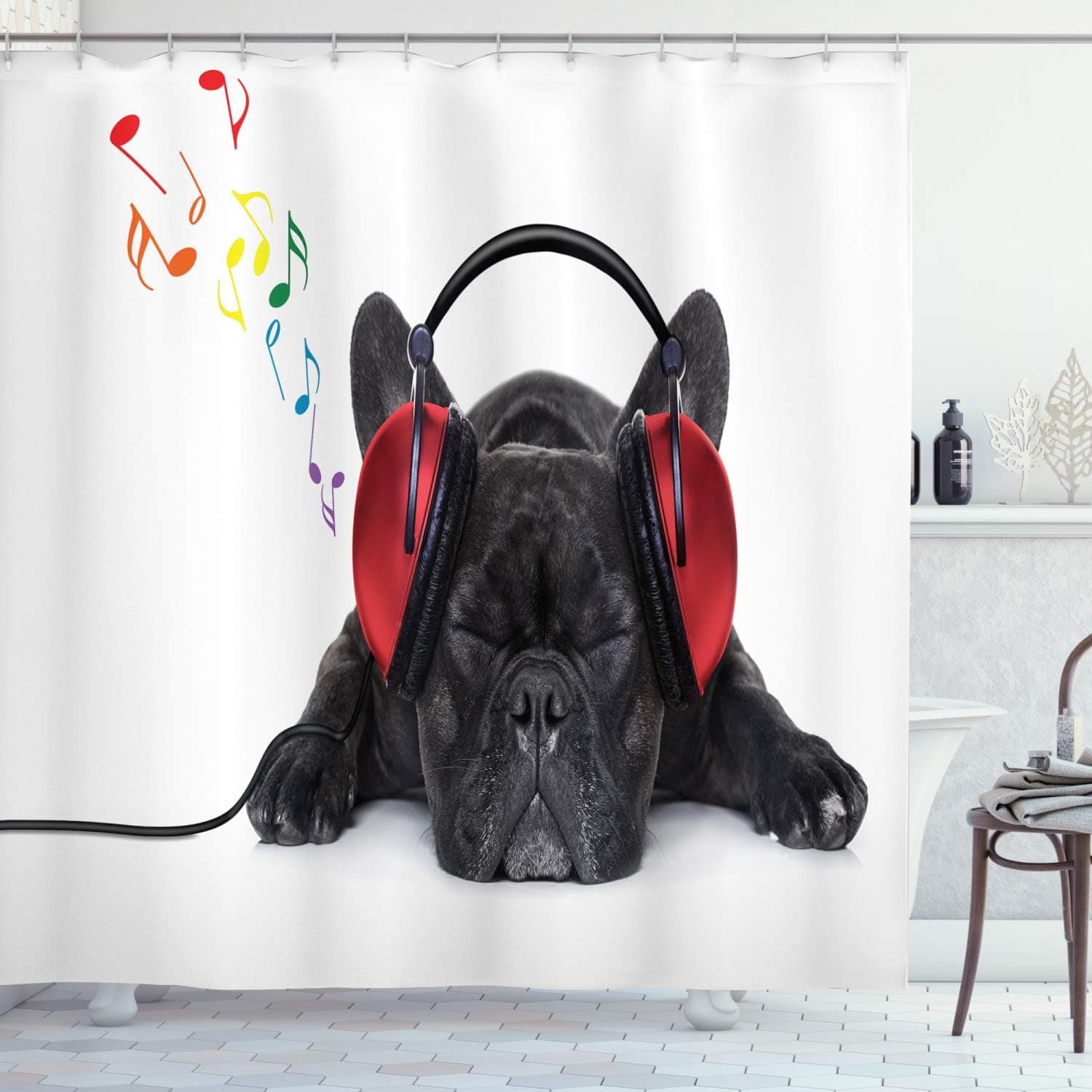 Ambesonne Dog Lover Shower Curtain, Bulldog Listening to Music Earphones While Relaxing Sleeping Print, Cloth Fabric Bathroom Decor Set with Hooks, 69" W x 70" L, Black White Red