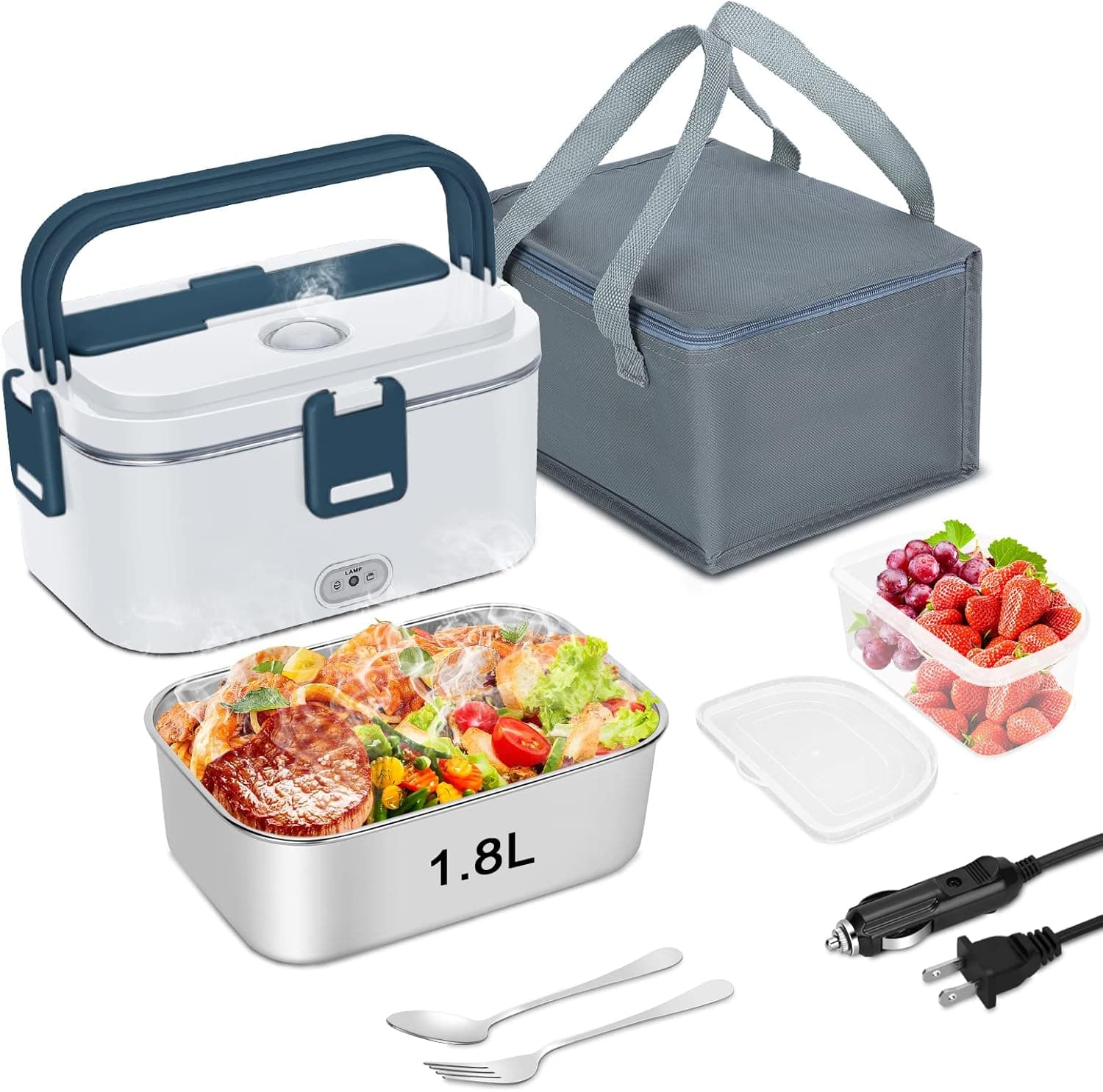 COZYEXPERT 80W Electric Lunch Box Food Heated 3 In 1 Faster Food Warmer Heater for Car/Truck/Home Portable Food Heating Boxes with 1.8L 304 SS Container Fork & Spoon(White+grey)
