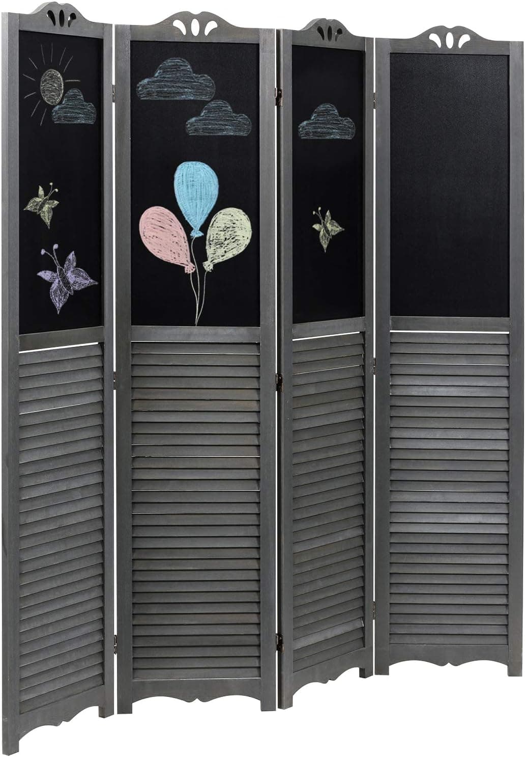 MyGift 4-Panel Vintage Gray Wood Louvered Room Divider with Chalkboard Panels and Two-Way Hinges