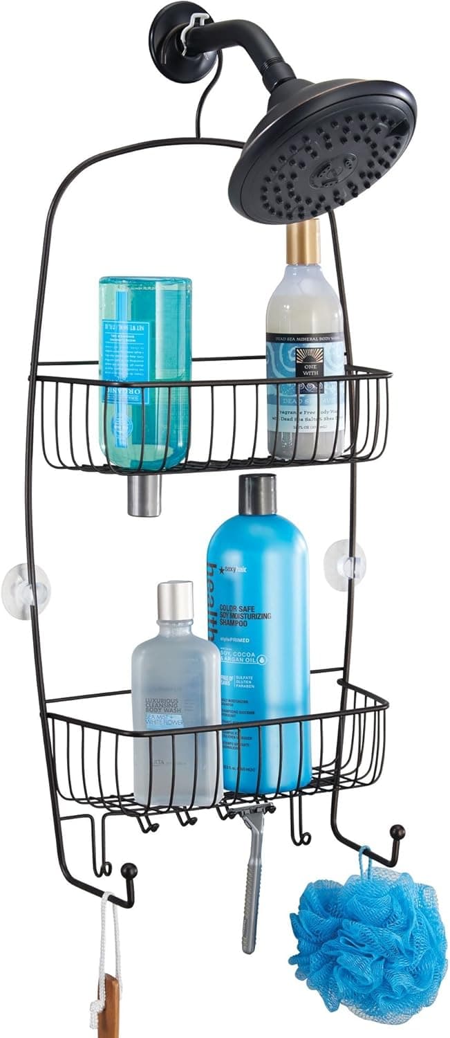 mDesign Extra-Large Hanging Shower Caddy Organizer with Hooks and Baskets – Two Tier, Bronze