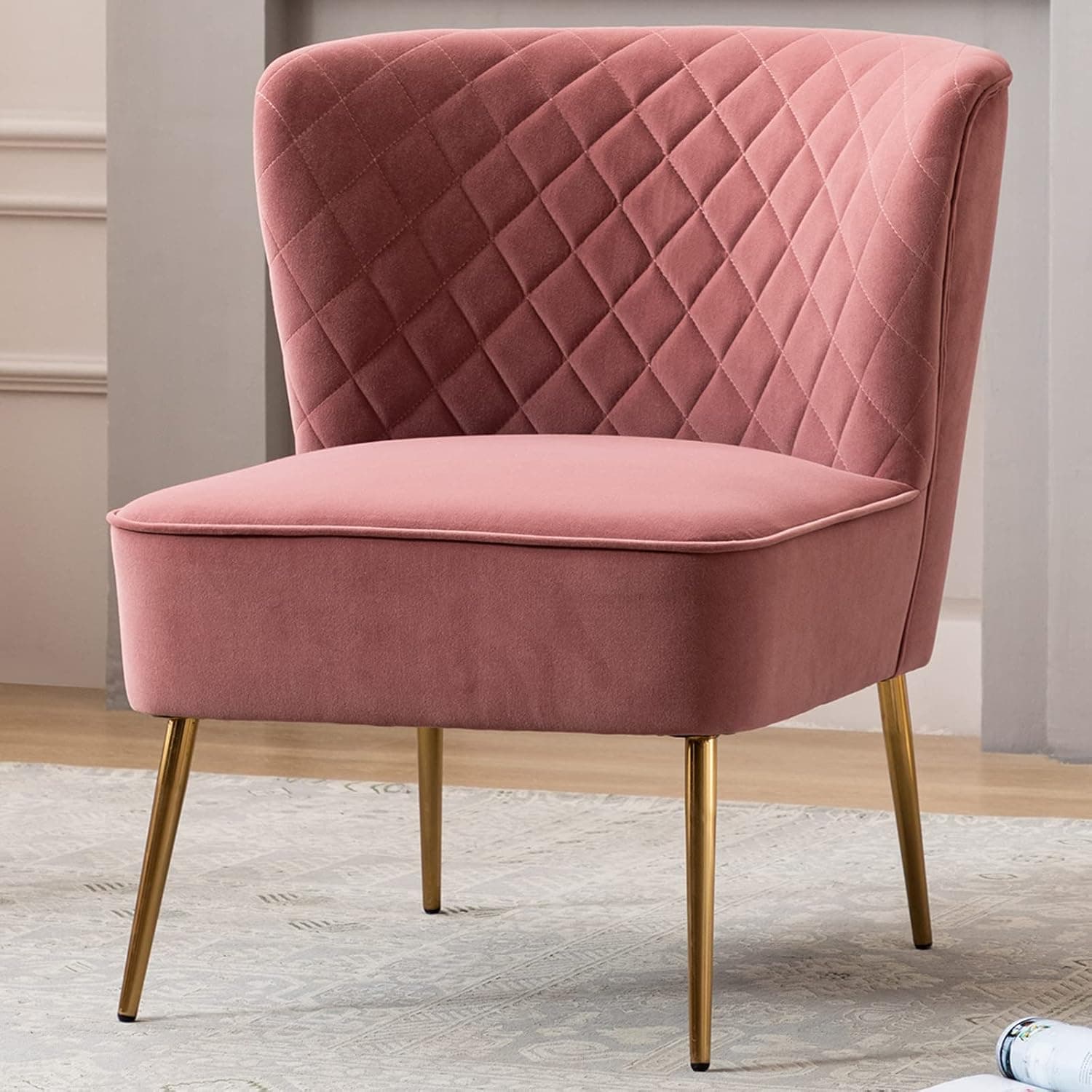 Duhome Velvet Accent Chair, Armless Slipper Chair, Vanity Chairs Makeup Chair with Back, Upholstered Sofa Chair with Golden Legs Barrel Chair for Living Room, Bedroom Pink