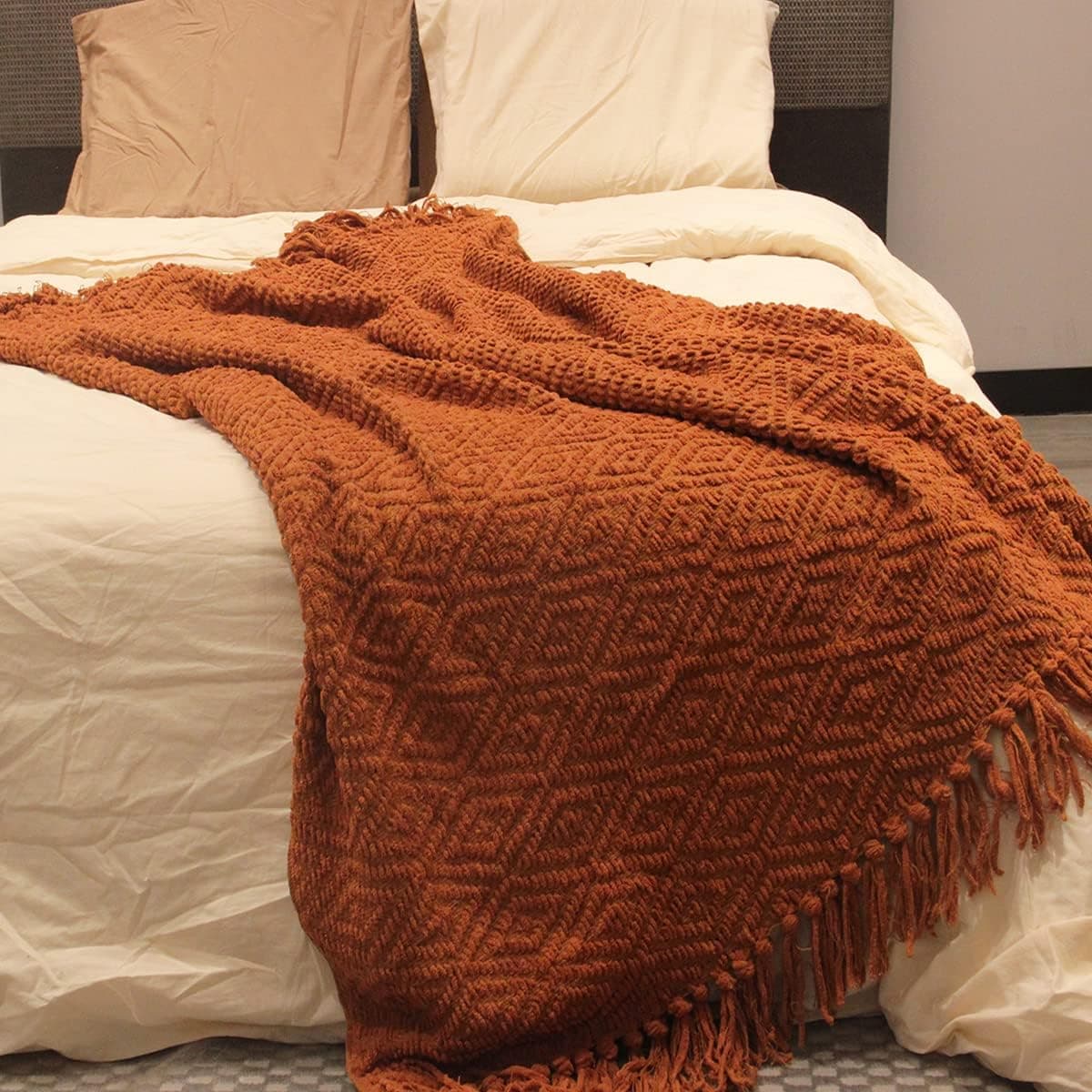 NakedCloud Knit Throw Blanket for Couch,Versatile Super Soft Warm Cozy Chenille Blanket with Tassels for Bed Sofa Chair,Decorative Woven Throw Blanket,Burnt Orange 60 x 80 inches