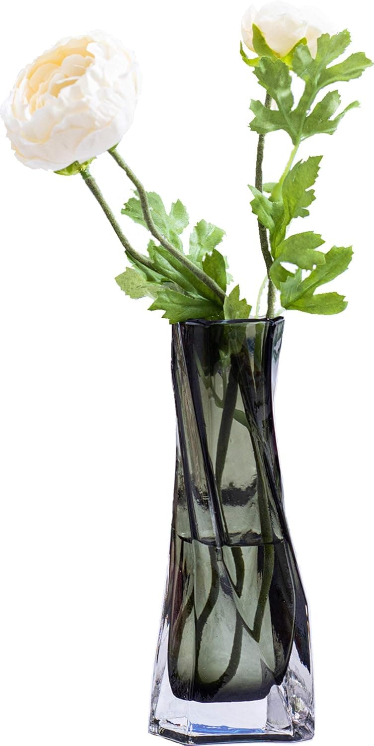 TOBERGO Hurricane Glass Flower Vase Decorative, Exquisite and small Grey Home Decorations Vase for Living Room Decor Mantel Coffee Table Bookshelf Wedding Office Decoration and Gift(Grey, 2.95x7.48in)