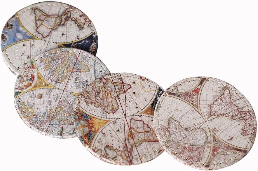 LINKWELL 10x10cm Vintage Old World Map PU Leather Printed Set of 4 Mug Circle Bar Coasters Cup Holder