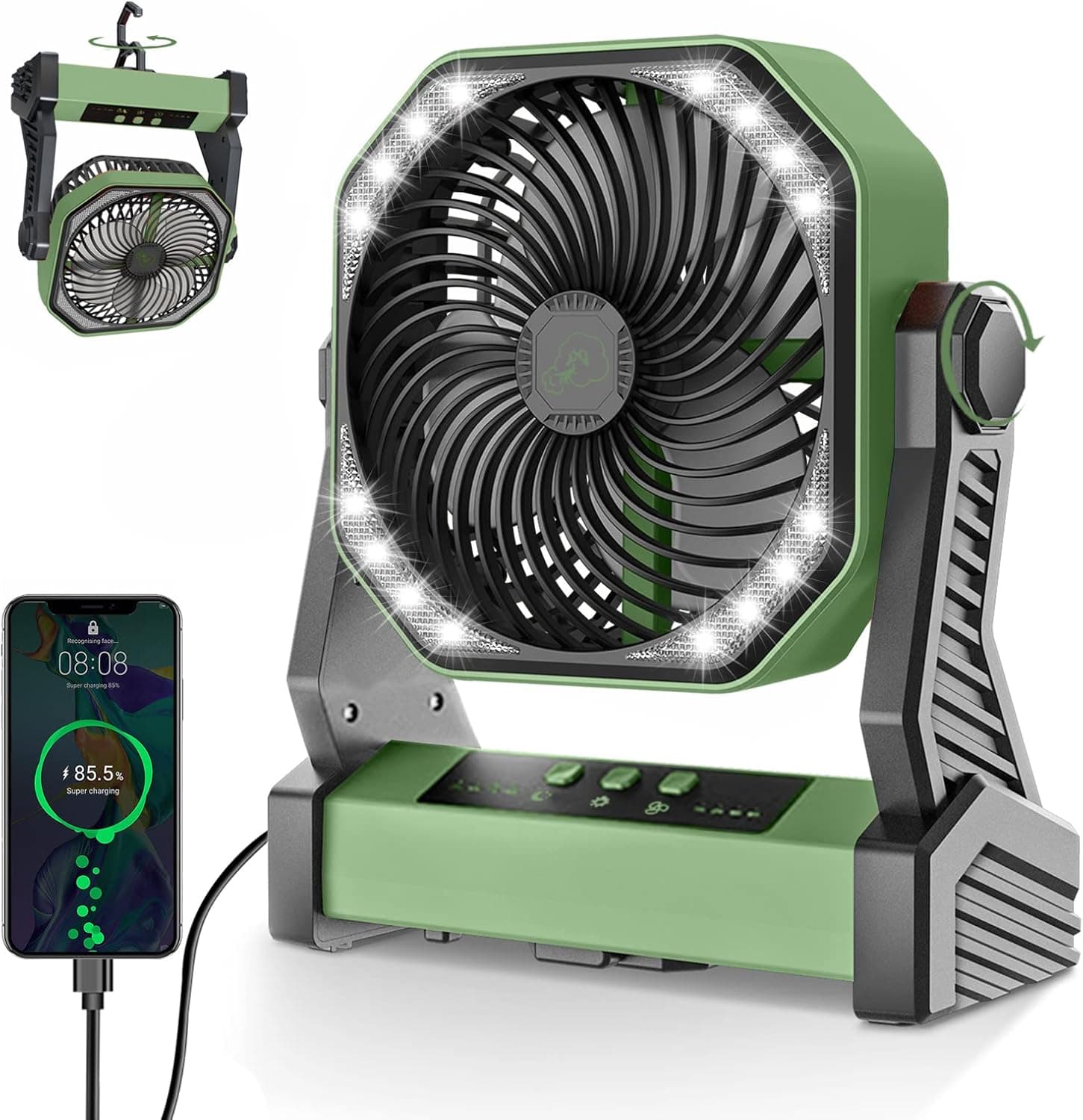 Portable Camping Fan Rechargeable, 20000mAh Battery Operated Fan with LED Lantern, 8'' Battery Powered Desk Fan with Dual Blade Dual Motor, 4 Speed Tent Fan for Camping, Barbecue, Fishing, Picnic