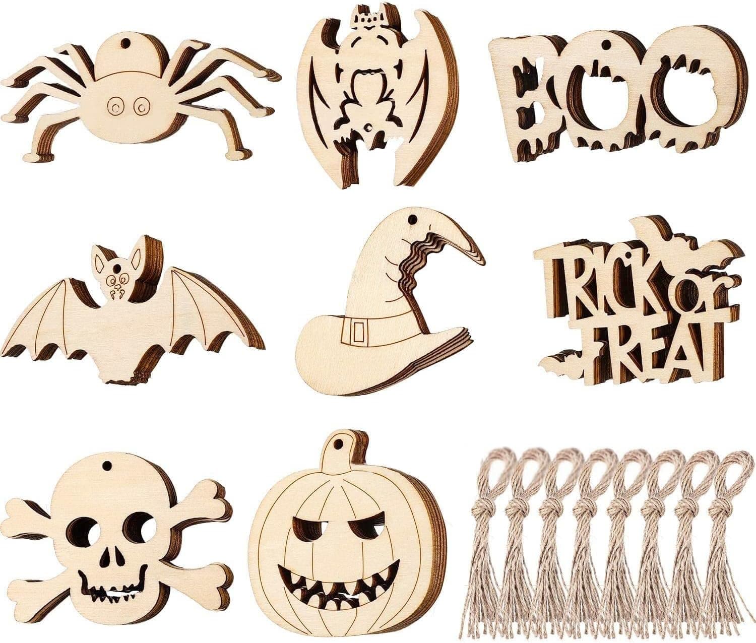 Aebor 40 PCS Halloween Wood Hanging Decoration Ornaments, Hanging Ornaments with Ropes Wooden Slices for DIY Crafts Halloween Theme Party Home Door Tree Window Shelf Decor (8 Styles)