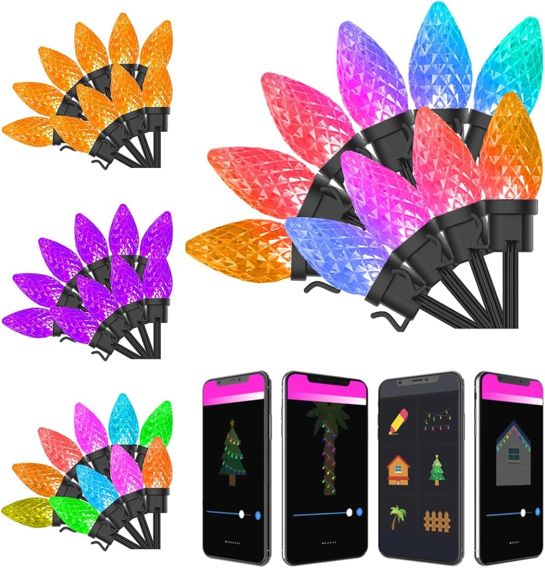 C9 Outdoor Christmas Lights with Custom Display, 33FT 50LED App Controlled Preset Modes String Lights Bluetooth Multicolor RGB LED Lights, Waterproof Extendable Timer for Party Xmas Tree Decoration
