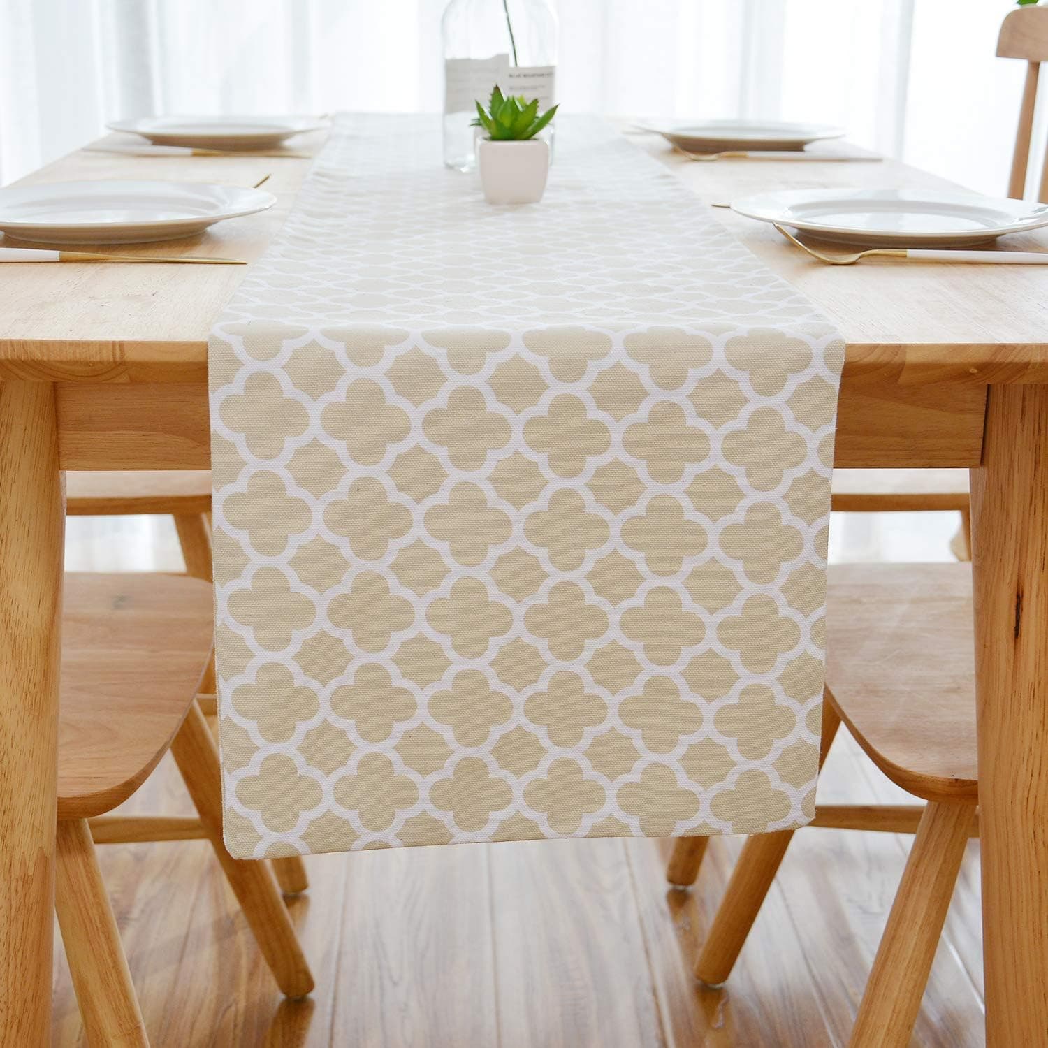 NATUS WEAVER Quatrefoil Lattice Accent Geometric Table Runner for Morden & Stylish Wedding Holiday Party Decor,Cotton Canvas 12 x 90 Inches, Beige