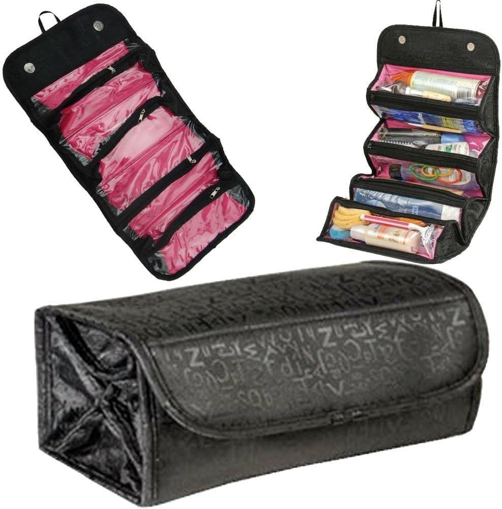 Rimobul Luxury Cosmetic Bag Roll Up Bathroom Organizer Black & Hot Pink