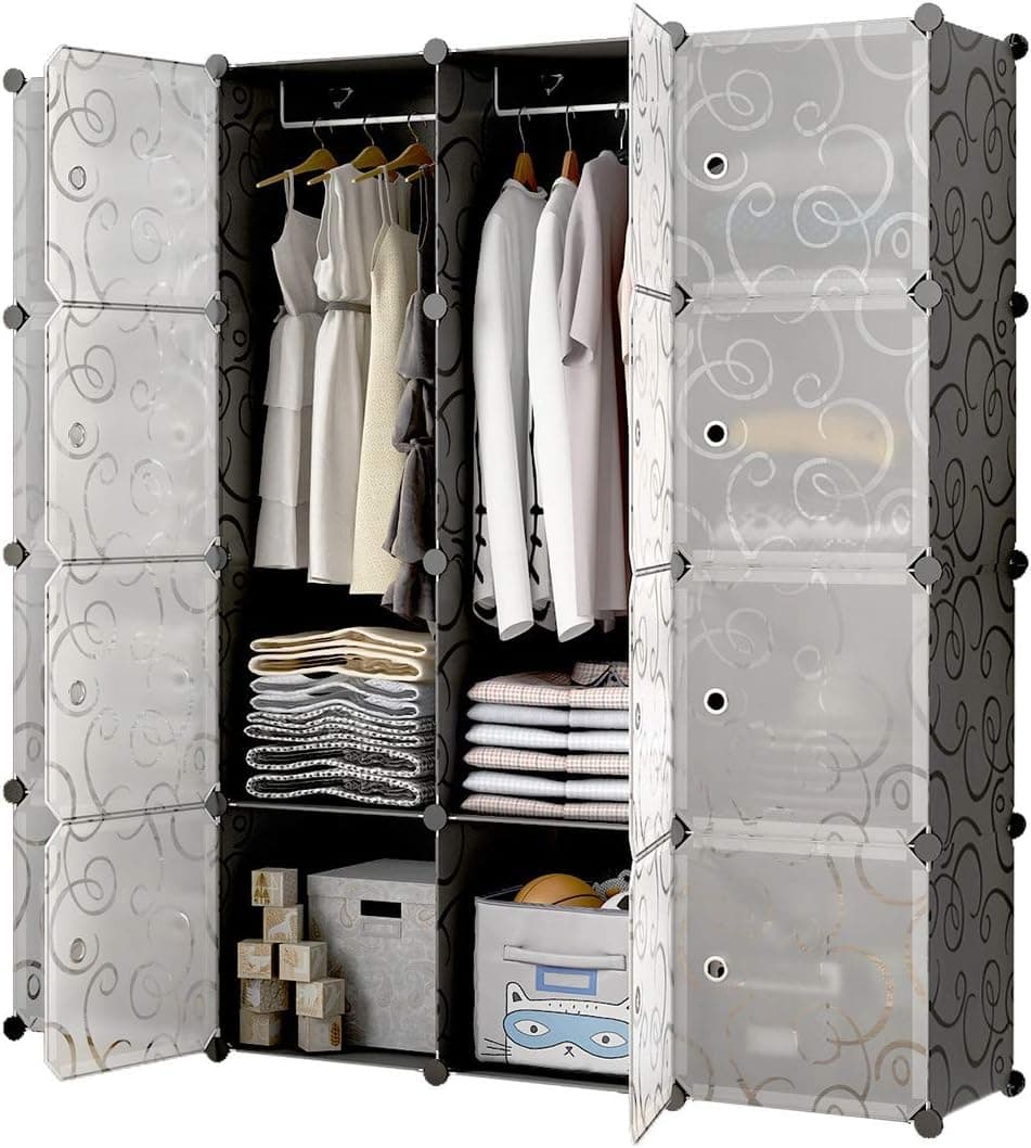 KOUSI Portable Closet Clothes Wardrobe Bedroom Armoire Storage Organizer with Doors, Capacious & Sturdy, Black (10 Cubes&2 Hanging Section)