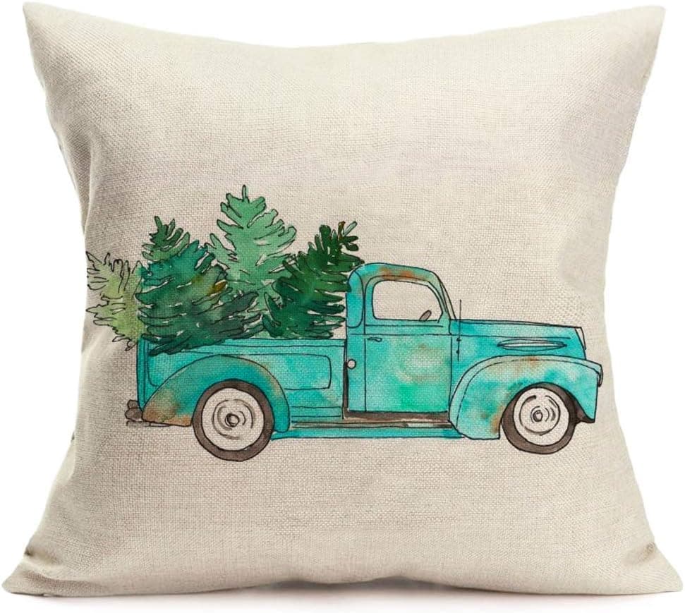 Royalours Merry Christmas Pillow Covers Cotton Linen Christmas Tree Truck Decorative Throw Pillow Cover Cushion Case 18x18 inches Toss Throw Pillowcase (Blue Truck)