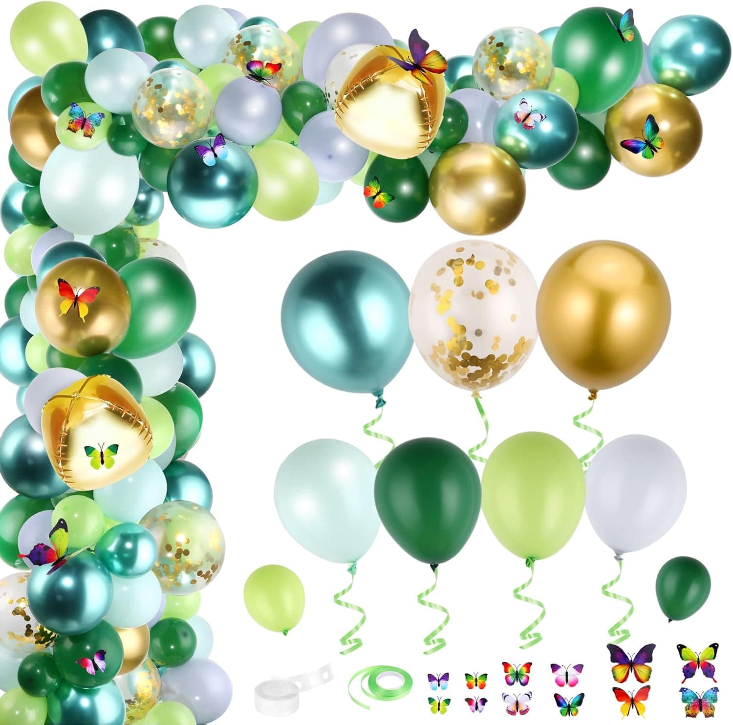 Auihiay 176 PCS Jungle Balloon Garland Arch Kit with 3D Butterfly, Vibrant Color Balloons for Green Safari Animal Theme Birthday Baby Shower Boys Girls Party Decorations