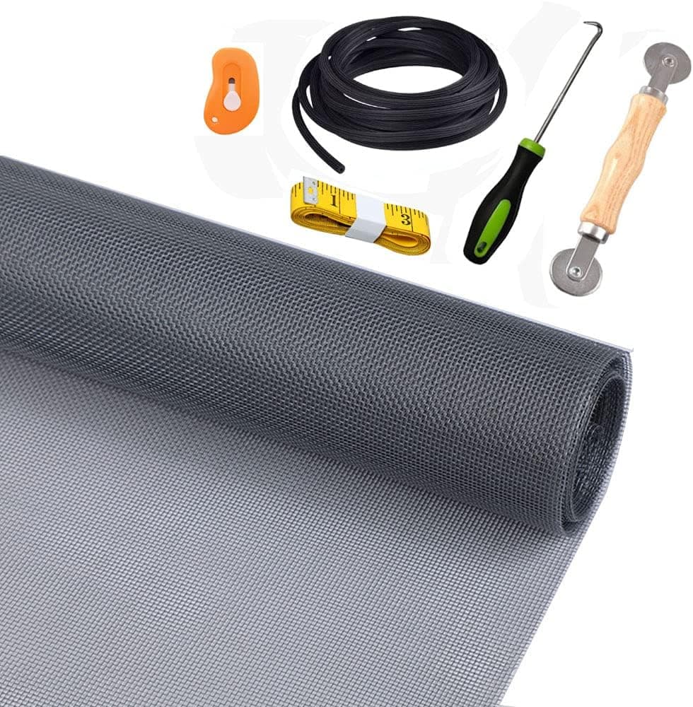 Screen Repair Kit for Window or Door, Adjustable Fiberglass Screens,Rolling Tool,Screen Spline Remover Hook,Screen Retainer Spline for Replacing & Installing Screens (48" x 118", Gray)
