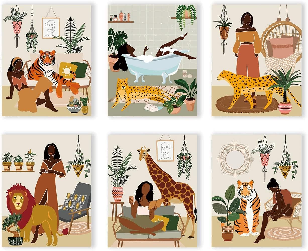 Woman Wall Art Black Woman Leaf Art Painting African American Women Art Painting, African American Women,Woman- Afro Wall Art-Black Culture-Guest Bath,Powder Room,Restroom Sign-Aesthetic Minimalist Decorations, Accessories Set of 4 (8"X 10", No Frame)