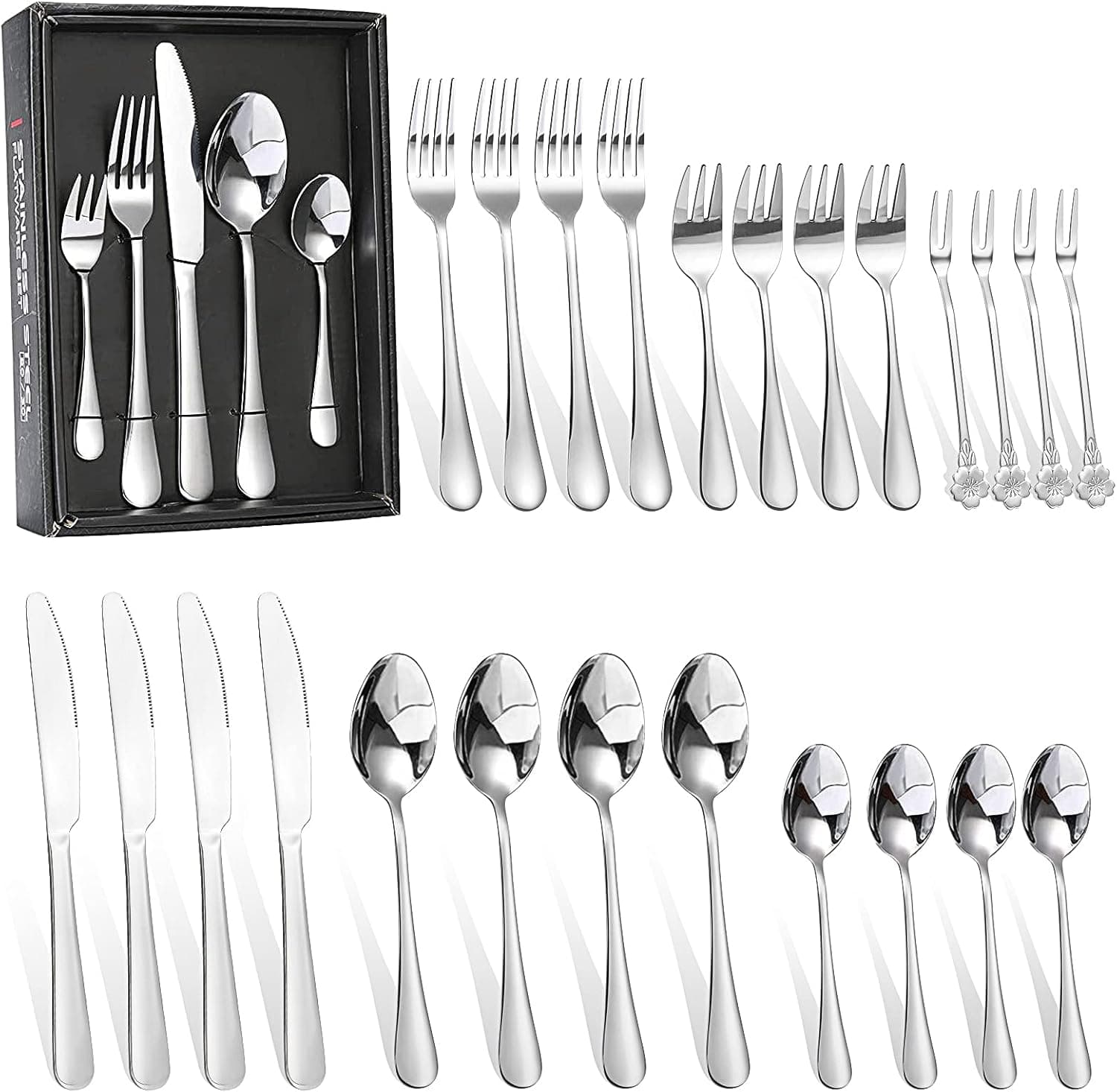 24 Pcs Silverware Set,Matte Stainless Steel Flatware Set Kitchen Utensil Service for 4,Including Forks, Knives, Spoon with Storage Box, Dishwasher Safe(Silver)