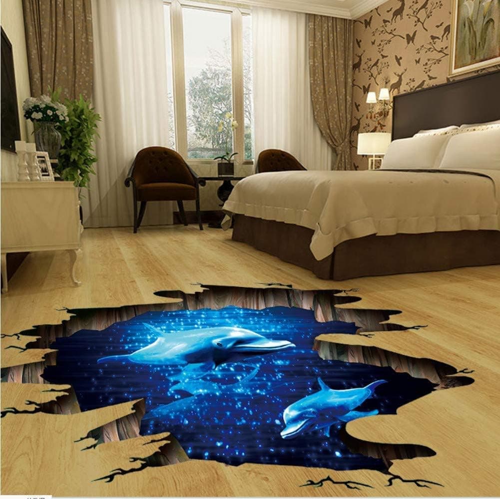 vwsitc 3D Phantom Dolphins Broken Wall Stickers Removable Living Room Bedroom Floor Ceiling Home Decoration Art Wall Decals