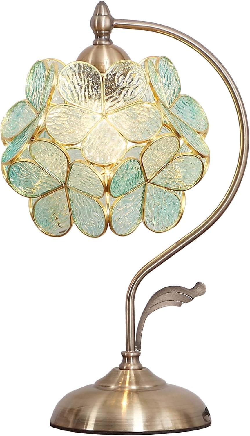 Bieye L10733 Cherry Blossom Tiffany Style Stained Glass Table Lamp with Petal Lampshade Vintage Brass Base, 8" D x 10" W x 17" H (Light Blue)