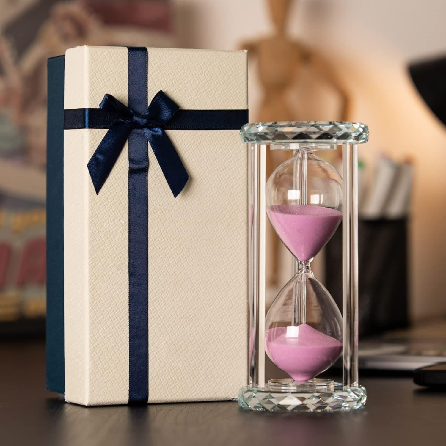 Hourglass Sand Timer with Pink Sand 60 Minutes, Crystal Room Decor, 1 Hour Glass Timer with Gift Box