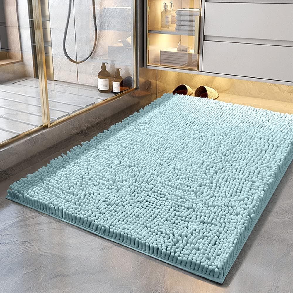 SONORO KATE Bathroom Rug, Non Slip Bath Rugs, Soft Durable Thick Chenille Bath Mat, Ultra Water Absorbent and Fast Dry Bath Mats for Bathtubs, Rain Showers and Under Sink (Spa Blue, 17"x24")