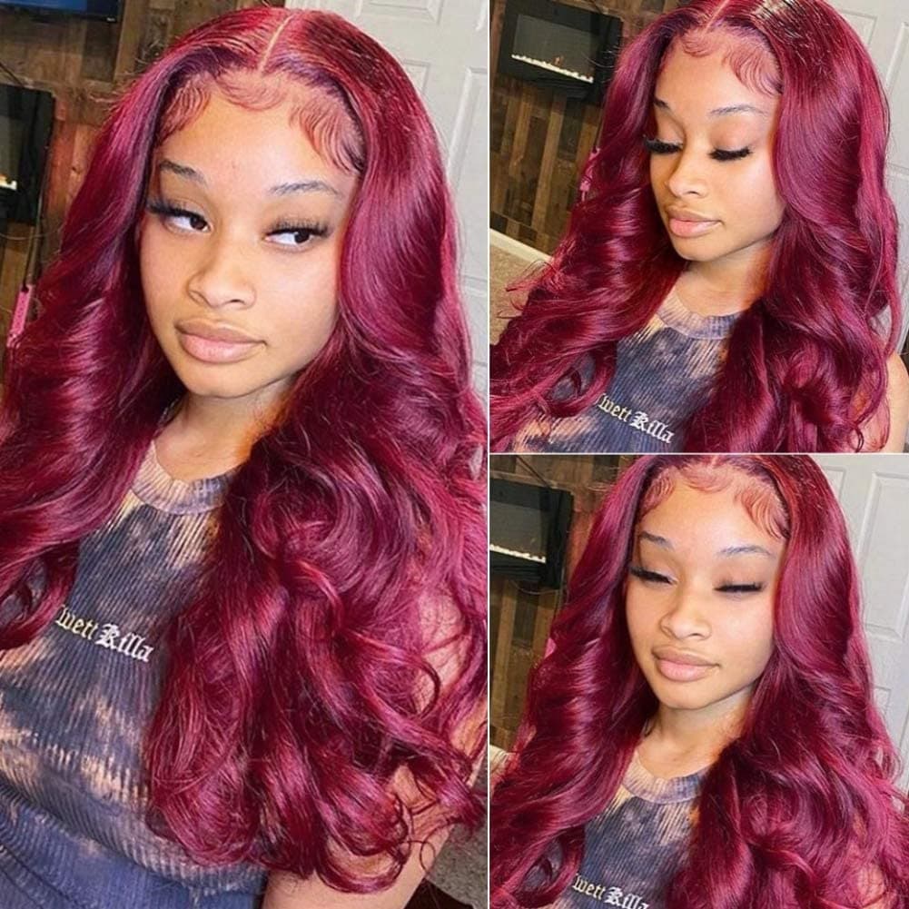 YMSGIRL 99J Burgundy Lace Front Wigs Body Wave Lace Front Wig Human Hair 4x4 Lace Closure Wigs Burgundy Color Lace Front Wigs Brazilian Long Body Wave Wigs Pre Plucked Natural Hairline Hair (24)