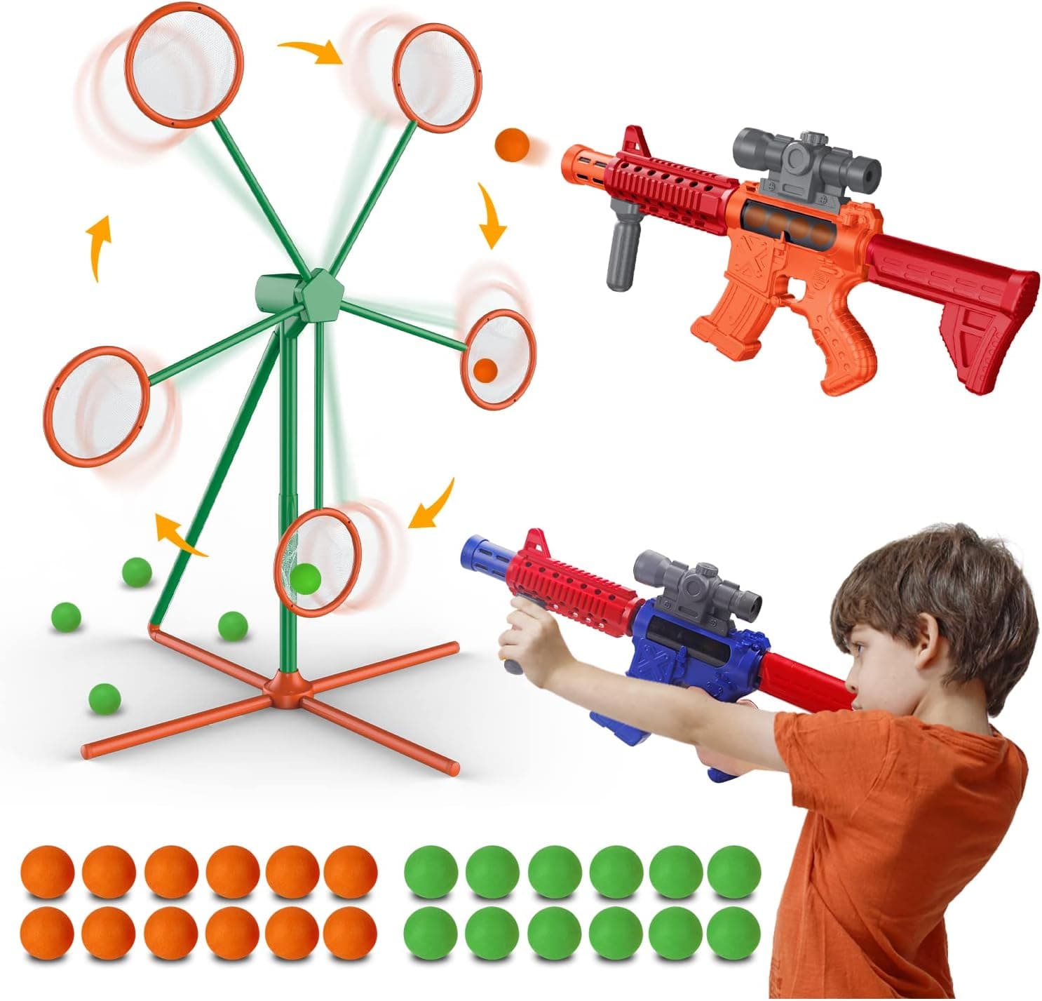 Shooting Game Target Set for Age 5 6 7 8 9 10+ Years Old Boys, Kids - 2 Popper Air Toy Guns & Rotating Target Wheel & 24 Foam Balls - Ideal Gift for Boys Indoor Outdoor Play