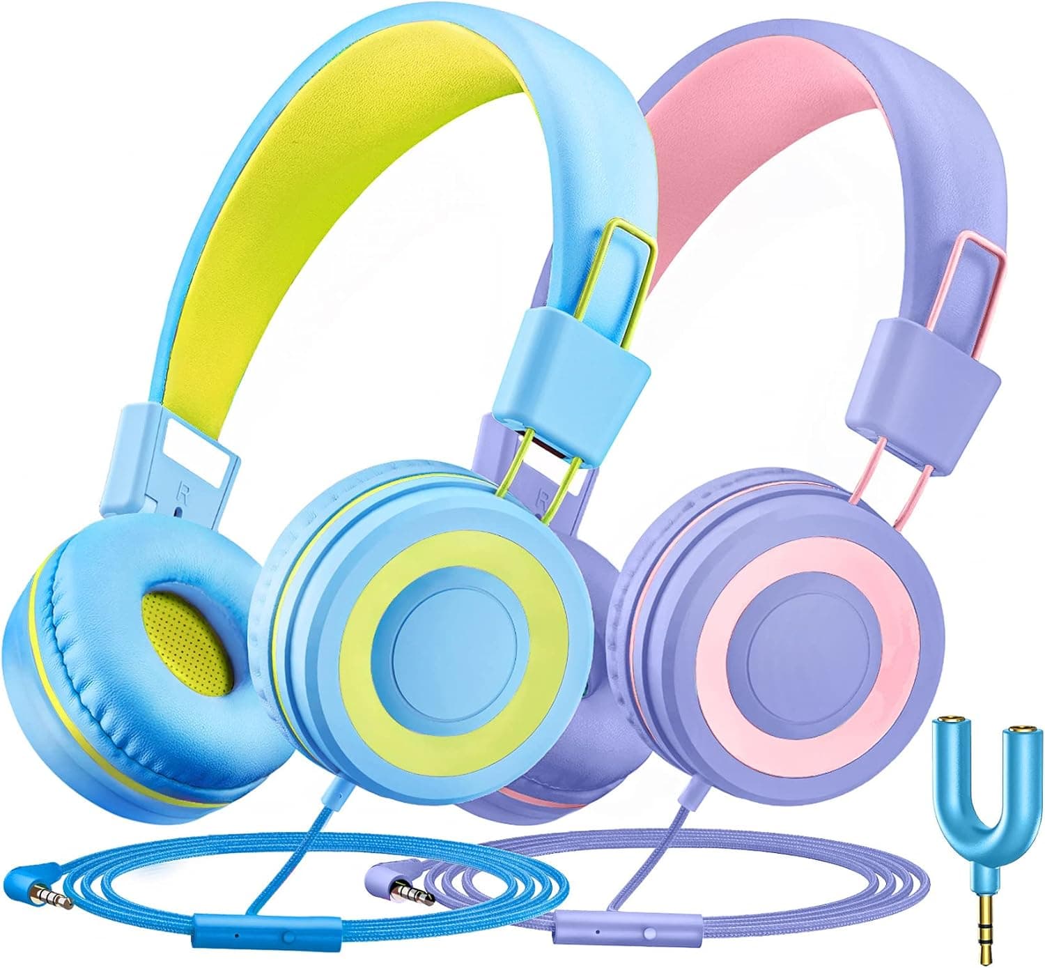 Neesolo Kids Headphones with Microphone, Wired Headphones for Kids for School with 91dB Volume Limit, Stereo On Ear Children Headset with Share Splitter for Boys Girls Toddler School Travel (2 Packs)
