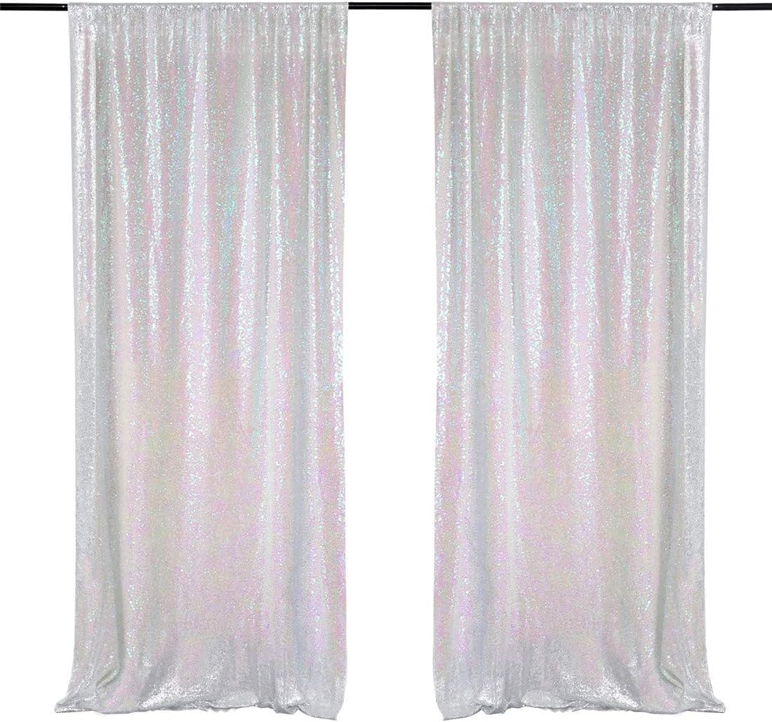 2 Pieces 2ftx8ft White Iridescent Sequin Backdrop Curtain Drape for Wedding Party Reception Occasions Home Festival Graduation Supplies Decorations