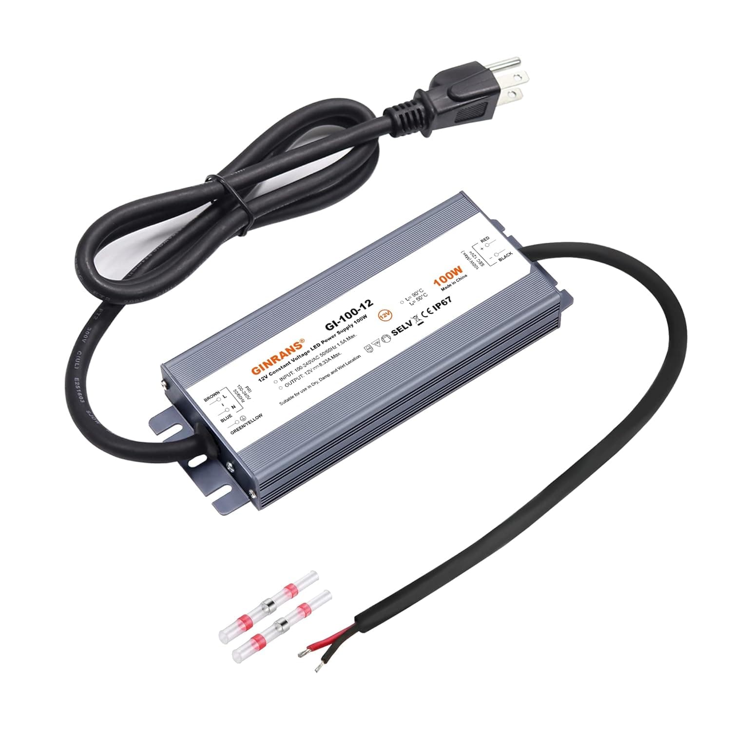 GINRANS 100W IP67 Waterproof LED Power Supply, Universal Input AC100-240VAC with Plug, 12V DC 8.33A Max. Constant Voltage Output LED Transformer Driver for Outdoor LED Lights