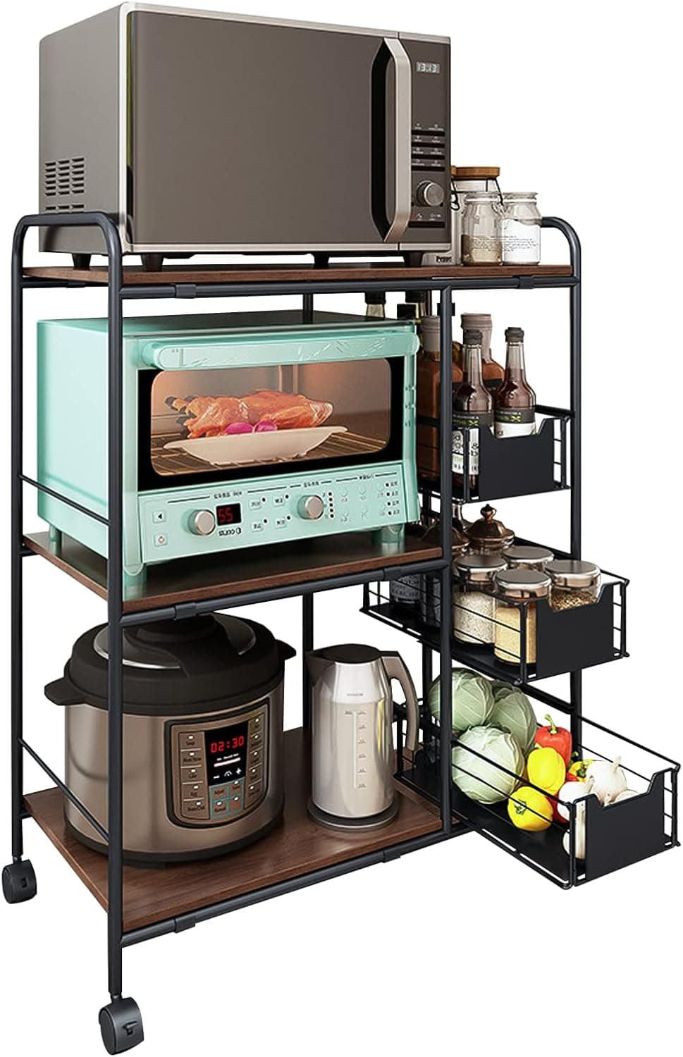 TooCust 3-Tier Microwave Cart with Storage, 35.5-in Height Rolling Kitchen Cart with 3 Drawers and Wooden Table Top, Movable Bakers Racks for Kitchens with Storage, Metal Bakers Rolling Rack, Brown