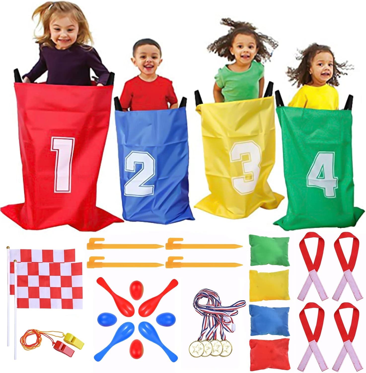 GOLDGE Outdoor Games for Kids 3-7, Potato Sack Race Bags, Bean Bag Toss Game, 3 Legged Race Bands, Egg and Spoon Race Game, Yard games, Carnival Games for Kids Party, Camping Games