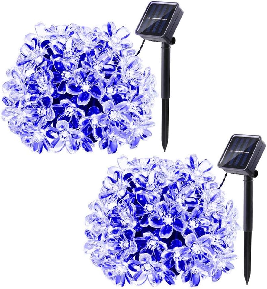 Joomer Outdoor Solar String Lights,2 Pack 22ft 50LED Solar String Lights Outdoor Waterproof Cherry Blossoms Flower Fairy Light for Christmas Tree Garden Patio Fence Yard Spring Decor (Blue)
